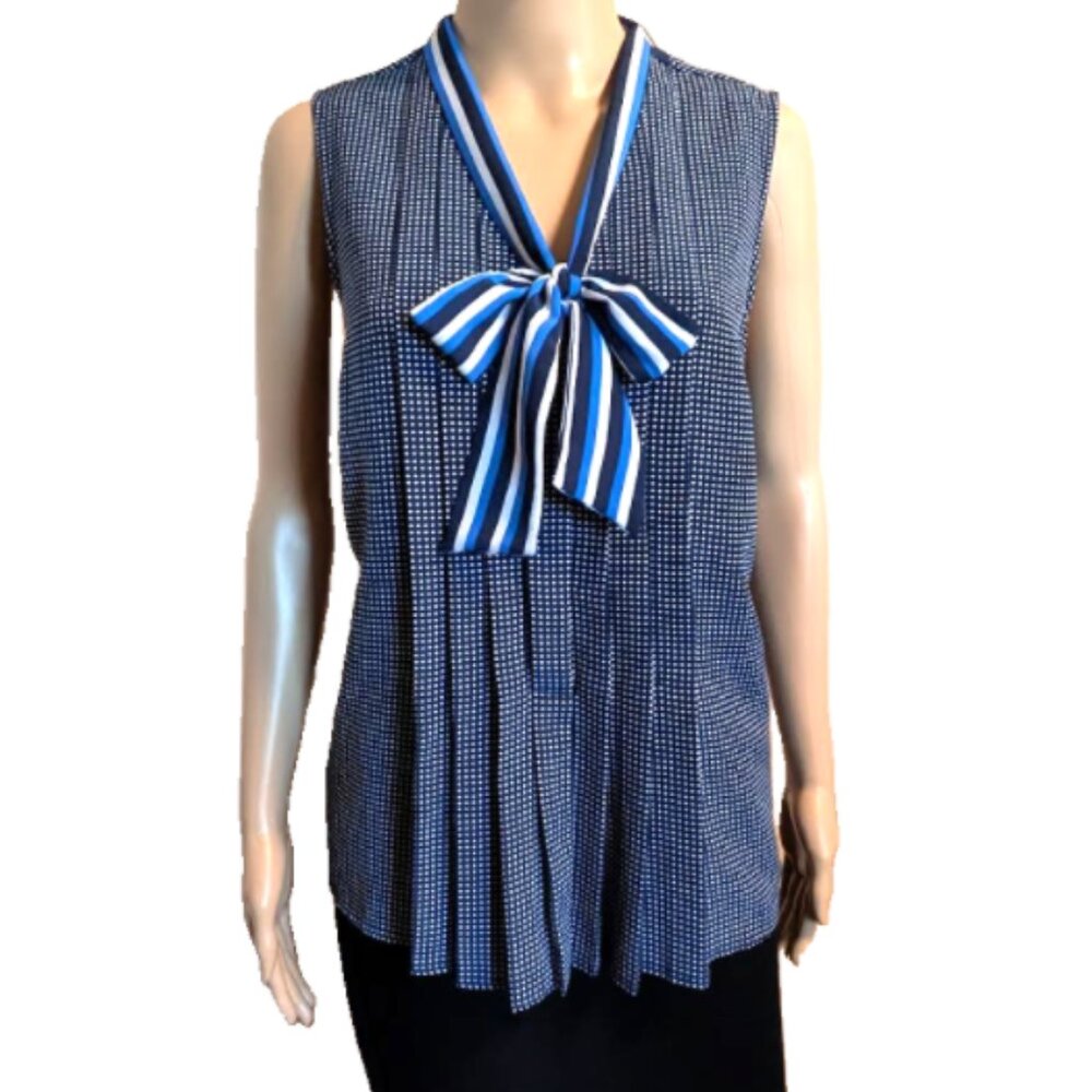 Tommy Hilfiger Navy Blue Sleeveless Bow Tie Blouse Preppy Nautical Pleated Top M